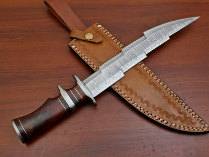 15" Damascus Kriss Blade Bowie Knife – Rosewood Handle & Custom Sheath