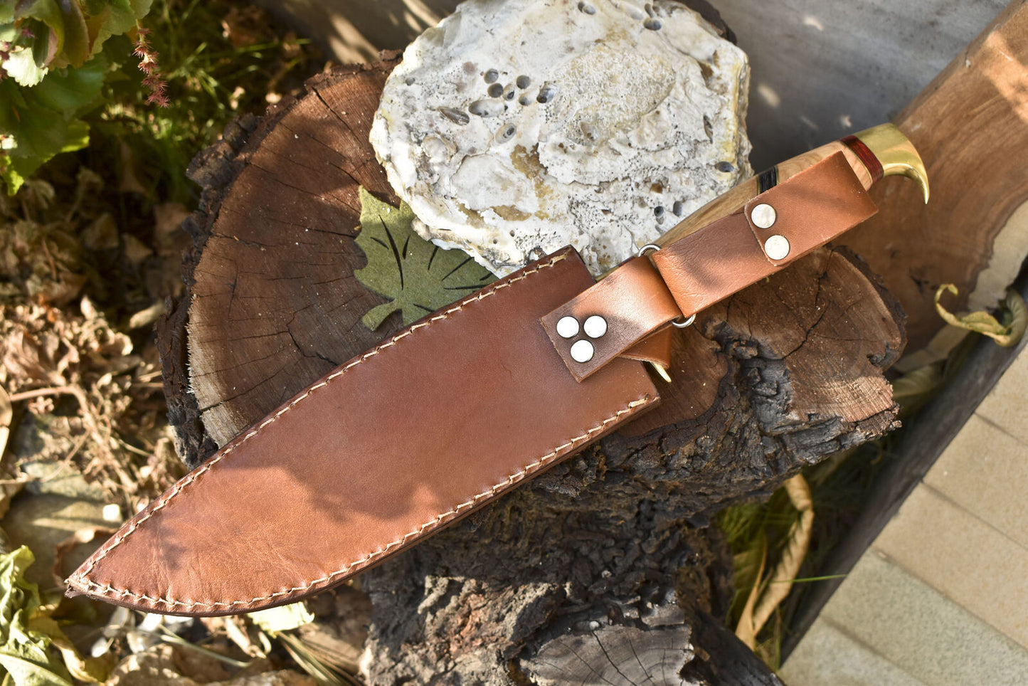 13 Inch Handmade Damascus Steel Bowie Knife with Olive Wood Handle and Leather Sheath