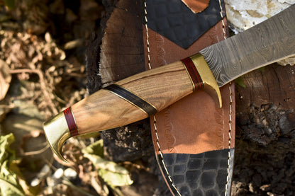 13 Inch Handmade Damascus Steel Bowie Knife with Olive Wood Handle and Leather Sheath