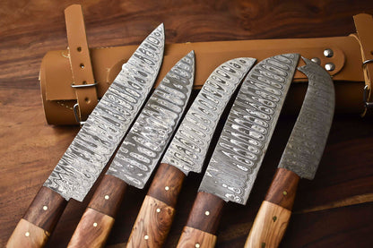 Lot of 5 Handmade Damascus Steel Blade Chef Knife Set with Leather Bag