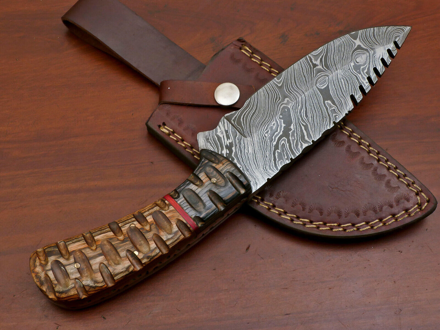 10.5" Handmade Damascus Steel Bowie Hunting Knife – Wood Handle