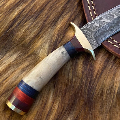 Custom Handmade Forged Damascus Skinner Hunting Knife with Stag and Brass Guard Handle W/ Leather Sheath