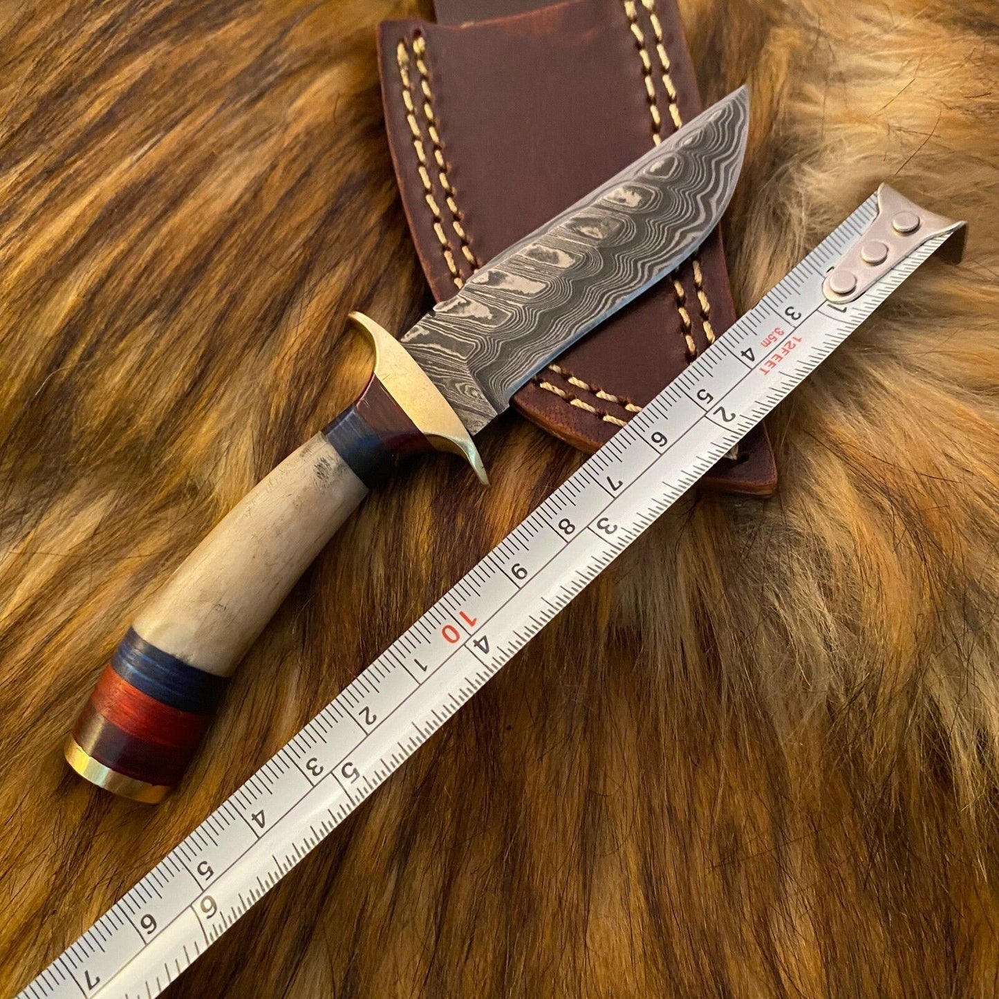 Custom Handmade Forged Damascus Skinner Hunting Knife with Stag and Brass Guard Handle W/ Leather Sheath
