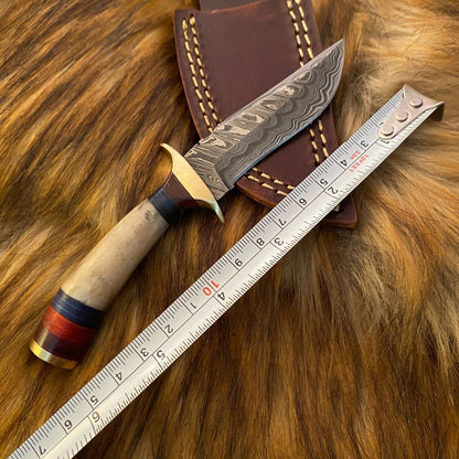 Custom Handmade Forged Damascus Skinner Hunting Knife with Stag and Brass Guard Handle W/ Leather Sheath