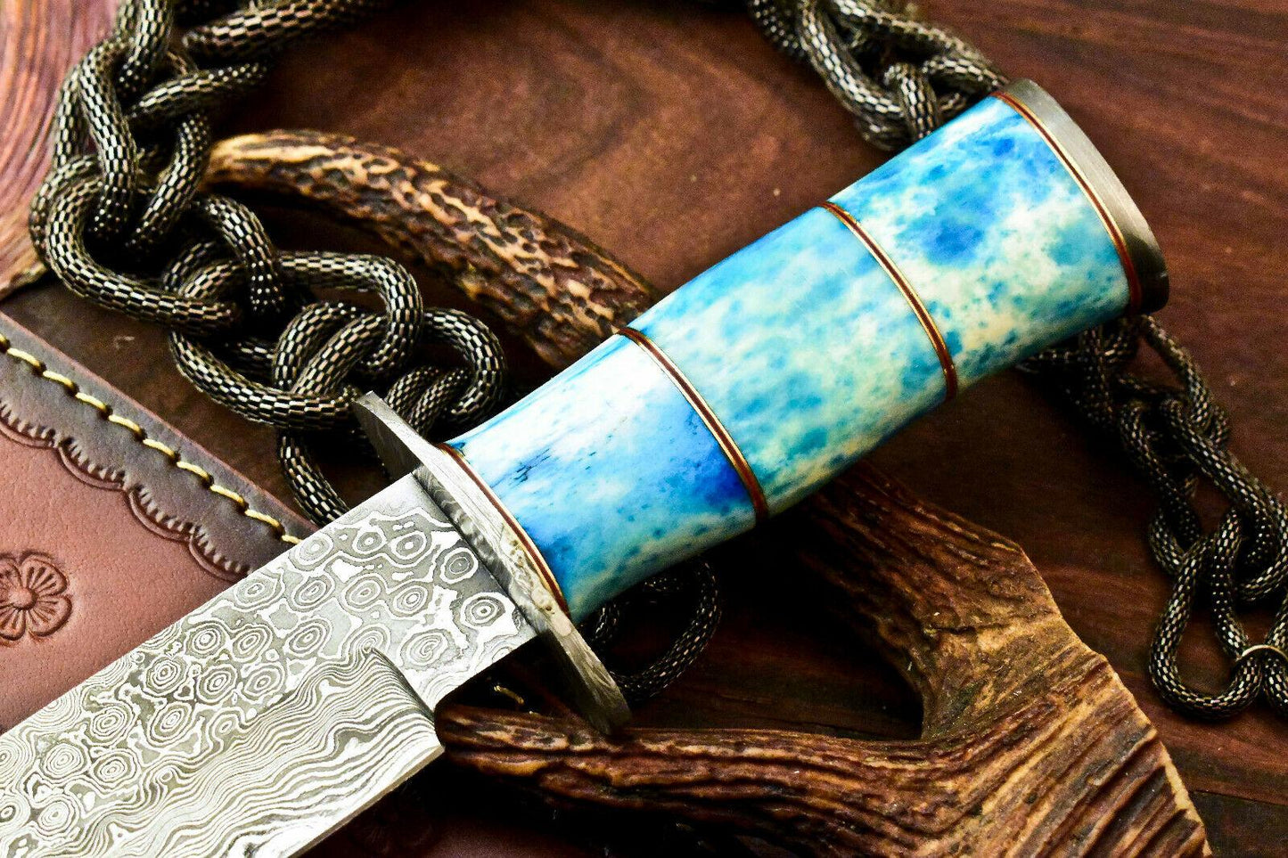 11.5" Handmade Damascus Steel Bowie Hunting Knife | Stained Camel Bone