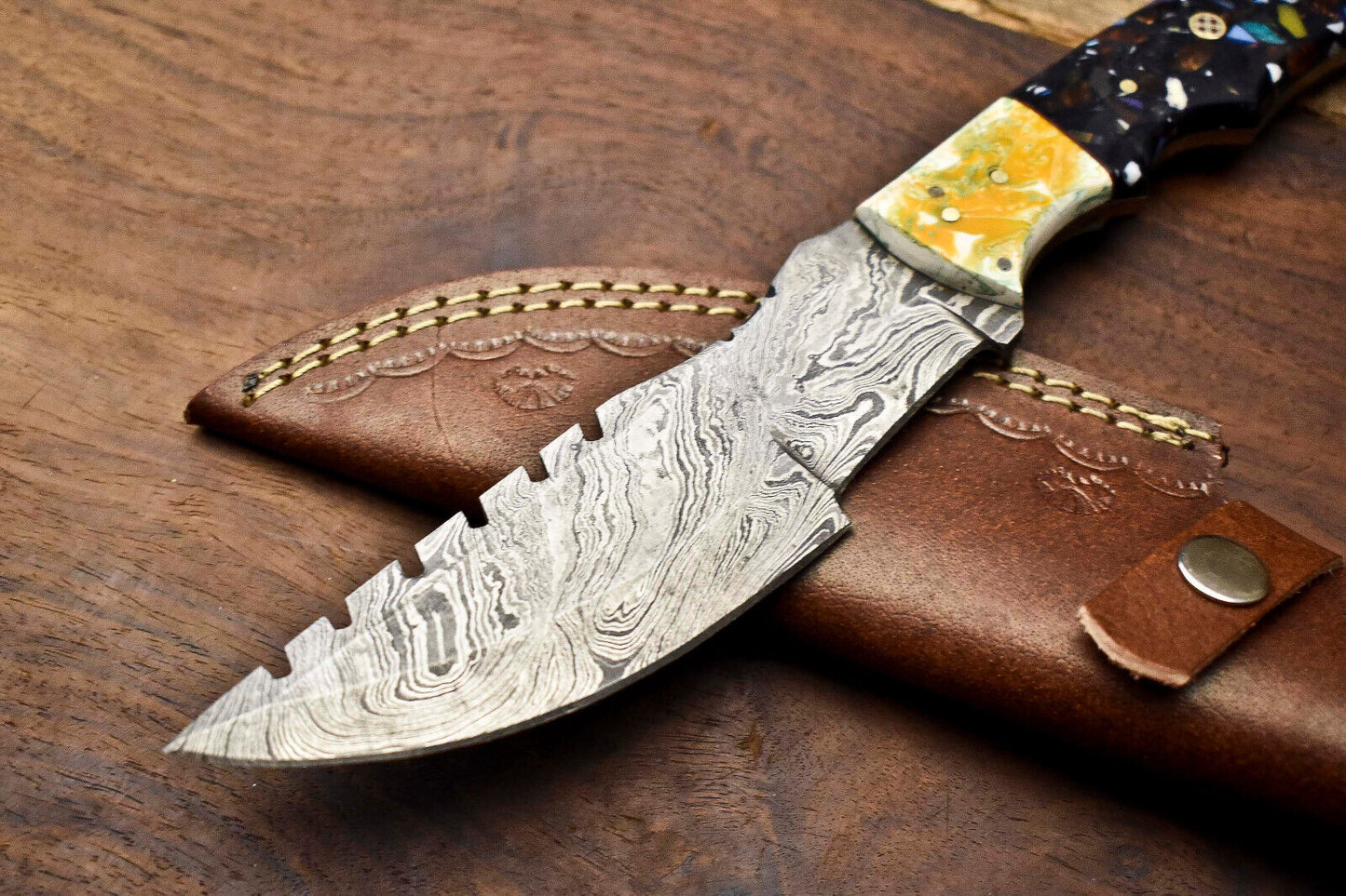10.0" Handmade Damascus Steel Tracker Knife | Corian Handle Full Tang Survival Blade