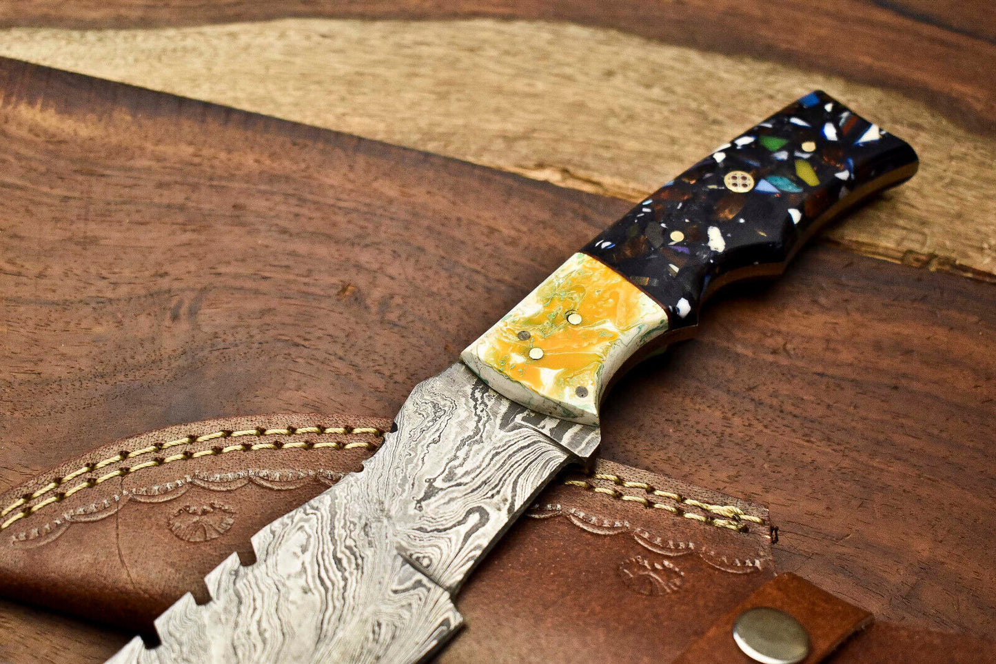 10.0" Handmade Damascus Steel Tracker Knife | Corian Handle Full Tang Survival Blade