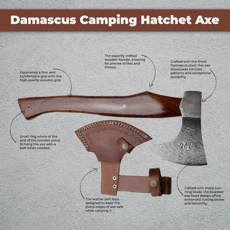 Custom Handmade Damascus Camping Axe with Rosewood Handle and Leather Sheath