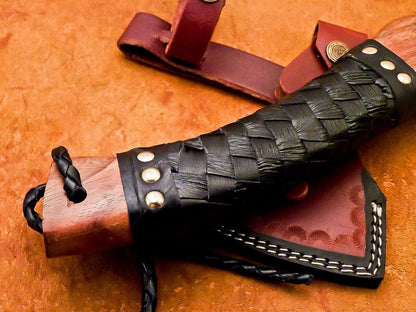 Hand Forged Carbon Steel Viking Bearded Hatchet Tomahawk Axe with Wooden Handle and Leather Sheath