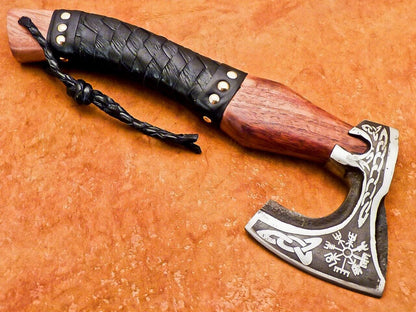 Hand Forged Carbon Steel Viking Bearded Hatchet Tomahawk Axe with Wooden Handle and Leather Sheath
