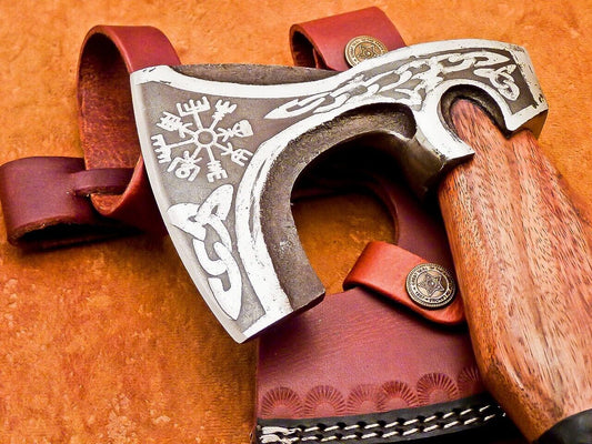 Hand Forged Carbon Steel Viking Bearded Hatchet Tomahawk Axe with Wooden Handle and Leather Sheath