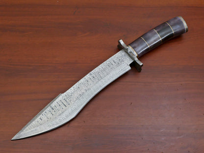 15" Handmade Damascus Bowie Knife – Camel Bone Handle & Damascus Guard