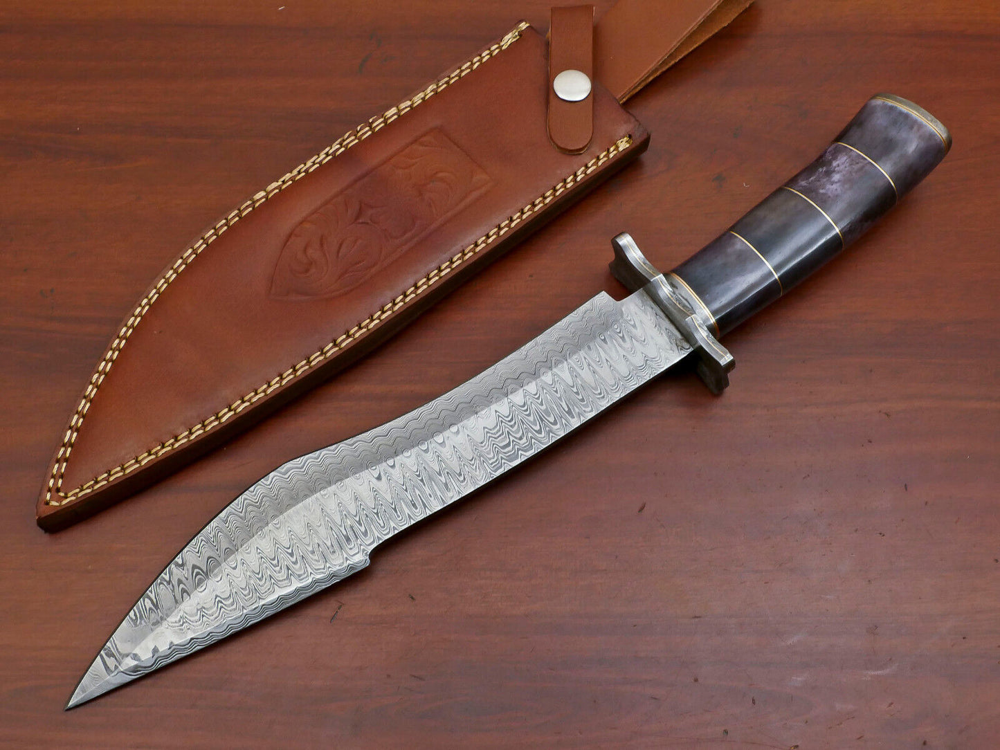 15" Handmade Damascus Bowie Knife – Camel Bone Handle & Damascus Guard
