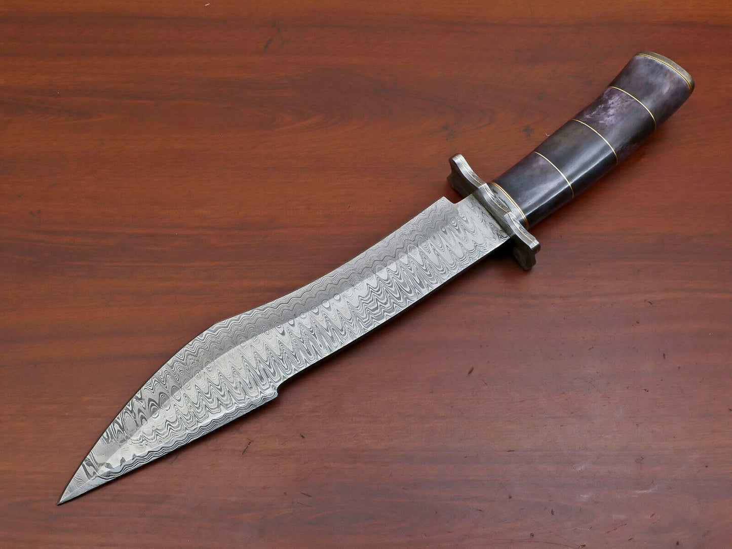 15" Handmade Damascus Bowie Knife – Camel Bone Handle & Damascus Guard
