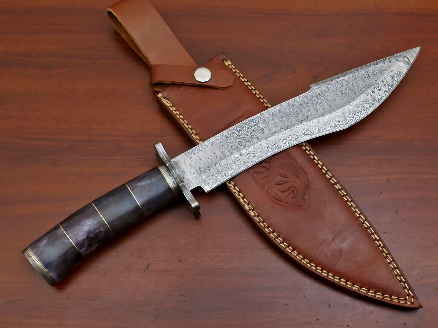 15" Handmade Damascus Bowie Knife – Camel Bone Handle & Damascus Guard