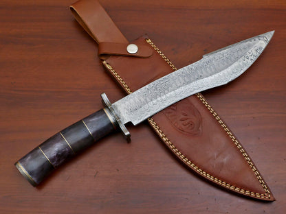 15" Handmade Damascus Bowie Knife – Camel Bone Handle & Damascus Guard