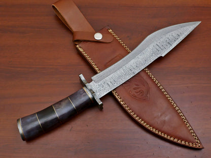 15" Handmade Damascus Bowie Knife – Camel Bone Handle & Damascus Guard