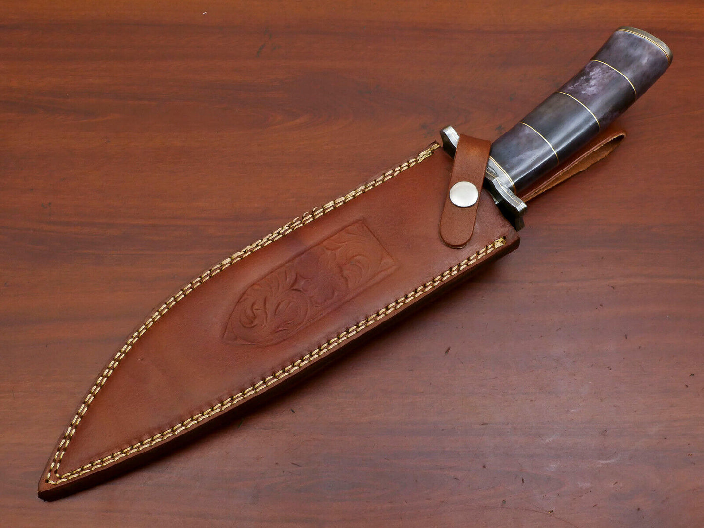 15" Handmade Damascus Bowie Knife – Camel Bone Handle & Damascus Guard