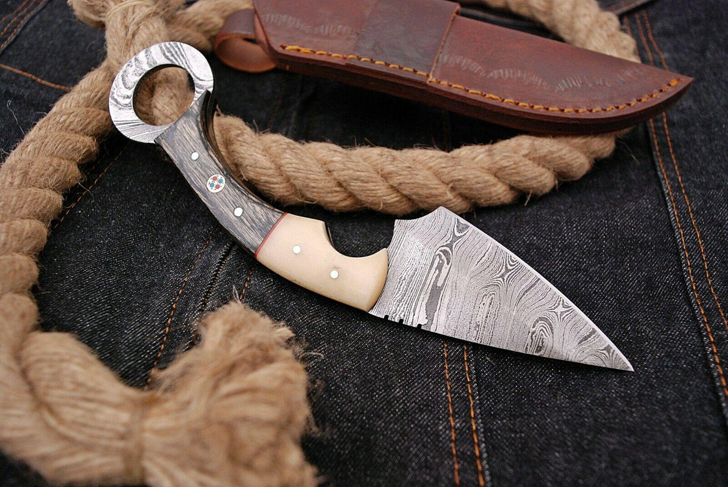 9" Custom Damascus Karambit Damascus Steel Karambit Knife With Wood and Bone Handle