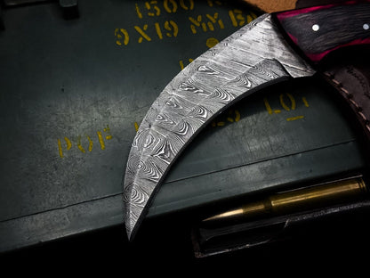 Handmade 8” Damascus Karambit Knife Best Damascus Steel Knife with Wood & Resin Handle