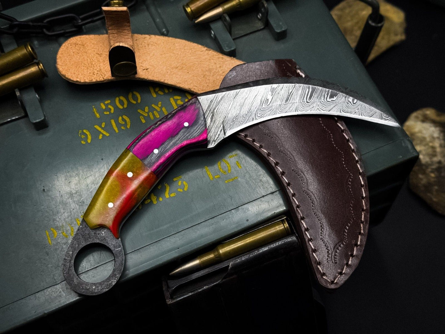 Handmade 8” Damascus Karambit Knife Best Damascus Steel Knife with Wood & Resin Handle