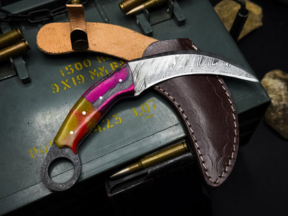 Handmade 8” Damascus Karambit Knife Best Damascus Steel Knife with Wood & Resin Handle