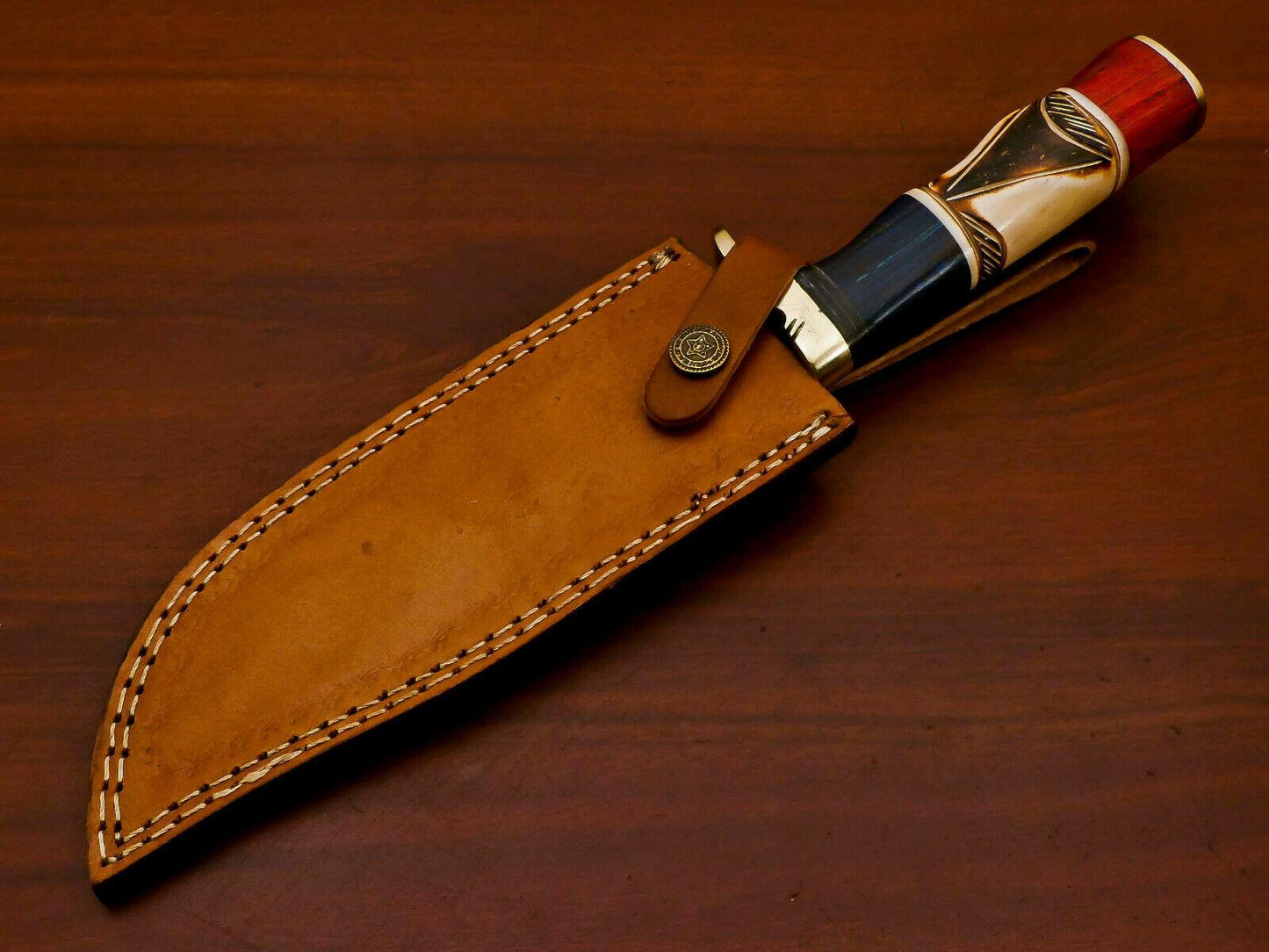 Handmade Damascus Bowie Hunting Knife | Burn Camel Bone & Pakka Wood Handle