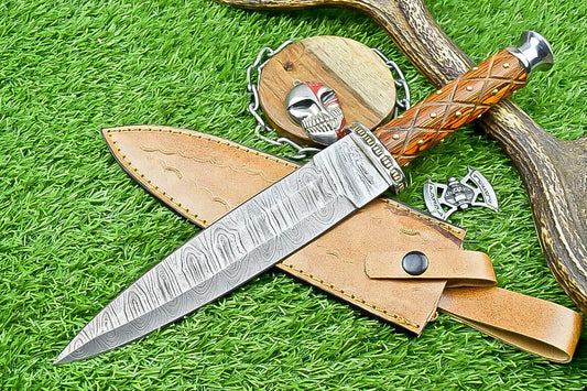 13.5" Premium Handmade Damascus Steel Dagger Bowie Knife – Wood Handle & Leather Sheath