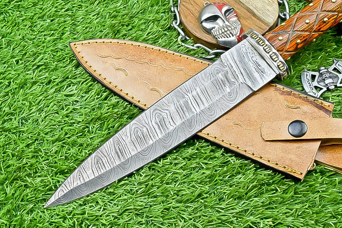 13.5" Premium Handmade Damascus Steel Dagger Bowie Knife – Wood Handle & Leather Sheath