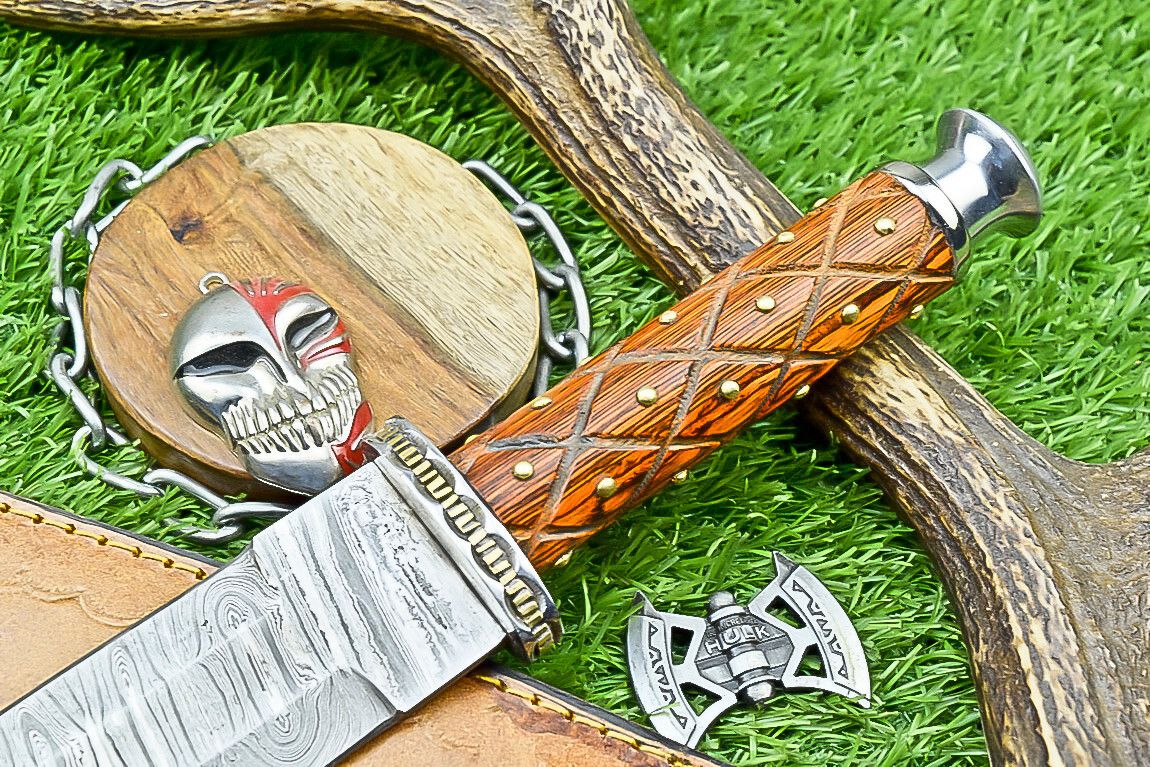 13.5" Premium Handmade Damascus Steel Dagger Bowie Knife – Wood Handle & Leather Sheath