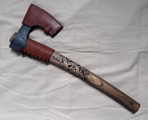 Hand Forged Carbon Steel Viking Bearded Axe with Ash Wood Handle and Leather Sheath