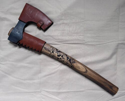 Hand Forged Carbon Steel Viking Bearded Axe with Ash Wood Handle and Leather Sheath