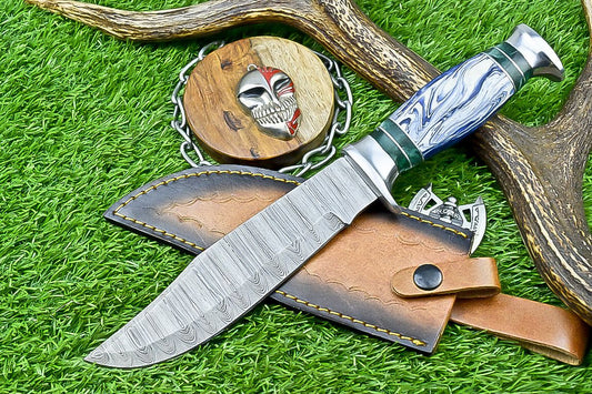 12" Handmade Damascus Steel Bowie Knife – Resin & Camel Bone Handle