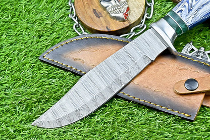 12" Handmade Damascus Steel Bowie Knife – Resin & Camel Bone Handle