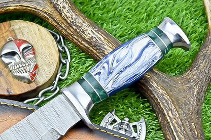 12" Handmade Damascus Steel Bowie Knife – Resin & Camel Bone Handle