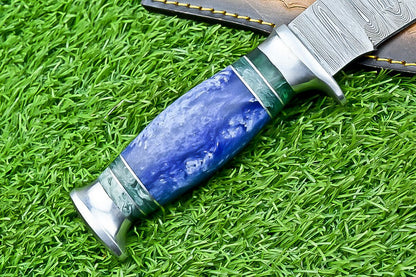 12" Handmade Damascus Steel Bowie Knife – Resin & Camel Bone Handle