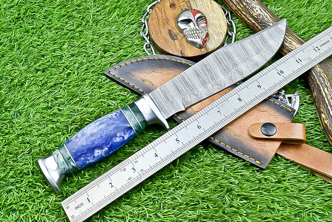 12" Handmade Damascus Steel Bowie Knife – Resin & Camel Bone Handle