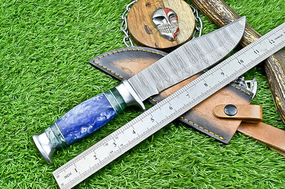 12" Handmade Damascus Steel Bowie Knife – Resin & Camel Bone Handle
