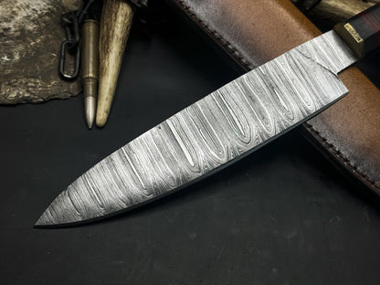 Handmade Damascus Steel Kitchen Chef EDC Knife – Wood Handle & Cow Leather Sheath