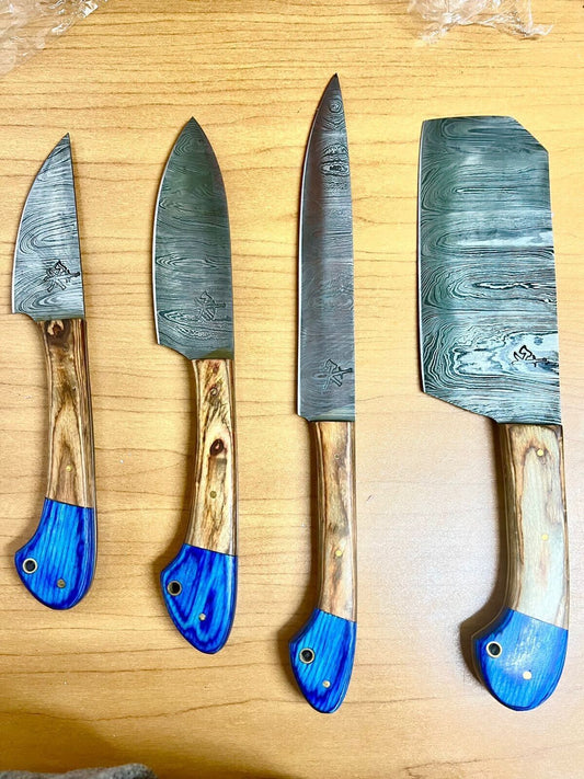 4-Piece Handmade Damascus Steel Chef Knife Set – Japanese Style Kitchen Knives with Leather Sheath

