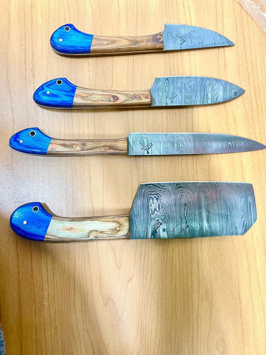 4-Piece Handmade Damascus Steel Chef Knife Set – Japanese Style Kitchen Knives with Leather Sheath