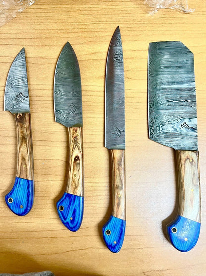 4-Piece Handmade Damascus Steel Chef Knife Set – Twist Pattern, Wood Handle with Leather Sheath