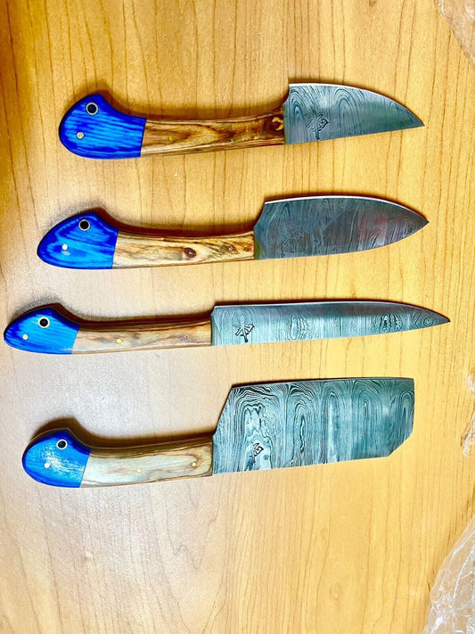 4-Piece Handmade Damascus Steel Chef Knife Set – Twist Pattern, Wood Handle with Leather Sheath