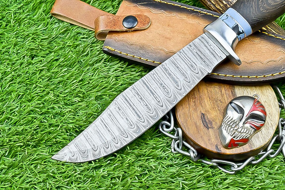 12 Inch Handmade Damascus Steel Bowie Knife with Wood Handle and Casted Steel Bolster