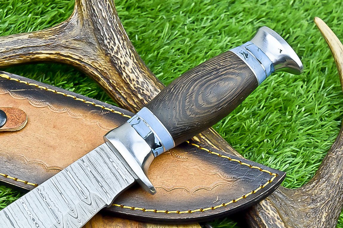 12 Inch Handmade Damascus Steel Bowie Knife with Wood Handle and Casted Steel Bolster