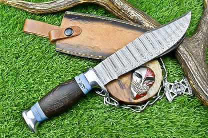 12 Inch Handmade Damascus Steel Bowie Knife with Wood Handle and Casted Steel Bolster
