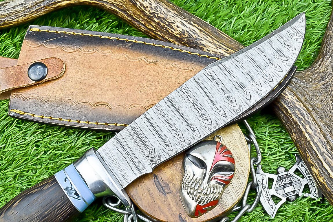 12 Inch Handmade Damascus Steel Bowie Knife with Wood Handle and Casted Steel Bolster