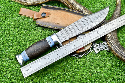 12 Inch Handmade Damascus Steel Bowie Knife with Wood Handle and Casted Steel Bolster