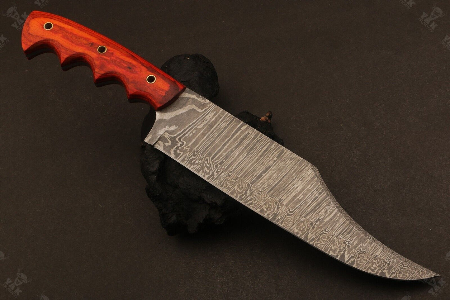 Heritage Forge 14 Inch Damascus Steel Bowie Knife with  Wood Handle for Hunting and Camping