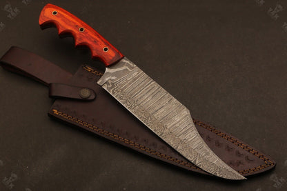 Heritage Forge 14 Inch Damascus Steel Bowie Knife with  Wood Handle for Hunting and Camping